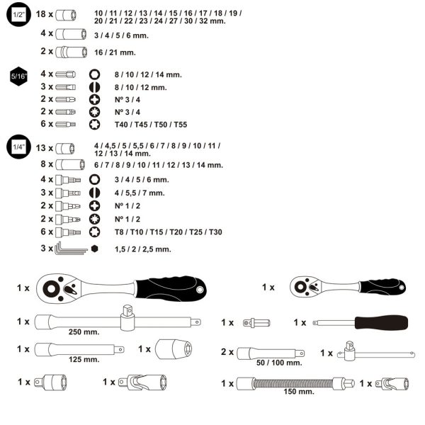 JUEGO LLAVES VASO 94 PIEZAS 1/4"-1/2" ACERO VANADIO